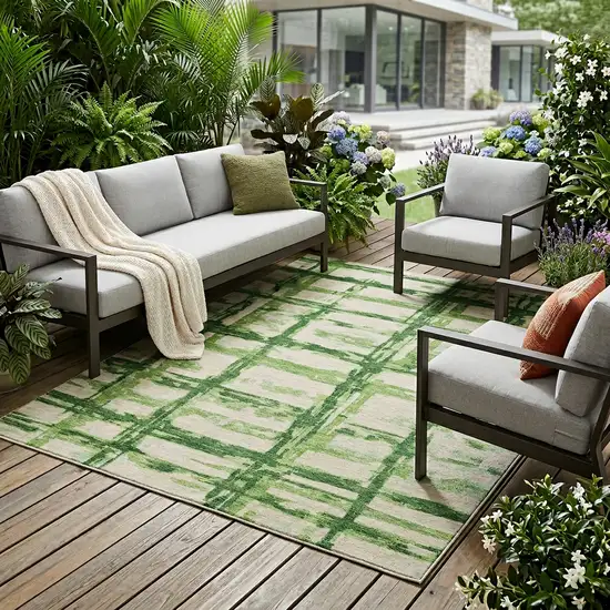 Artichoke Green And Emerald Striped Washable Indoor Outdoor Area Rug Photo 1