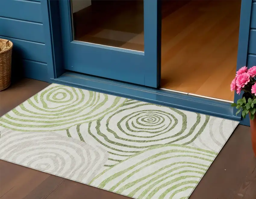 Artichoke Green And Fern Green Abstract Washable Indoor Outdoor Area Rug Photo 1