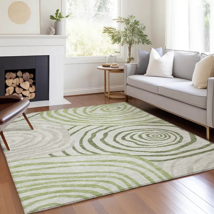 Artichoke Green And Fern Green Abstract Washable Indoor Outdoor Area Rug Photo 7