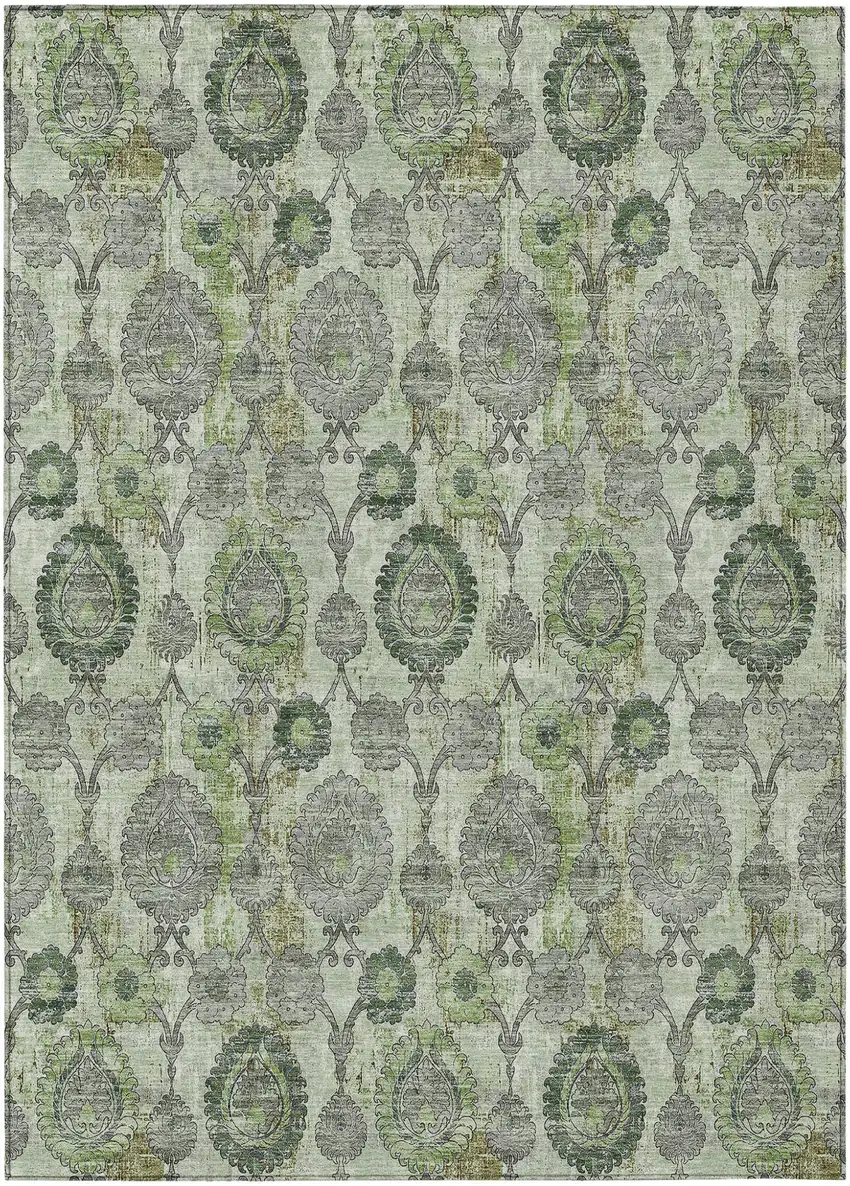 Artichoke Green And Fern Green Damask Washable Indoor Outdoor Area Rug Photo 2