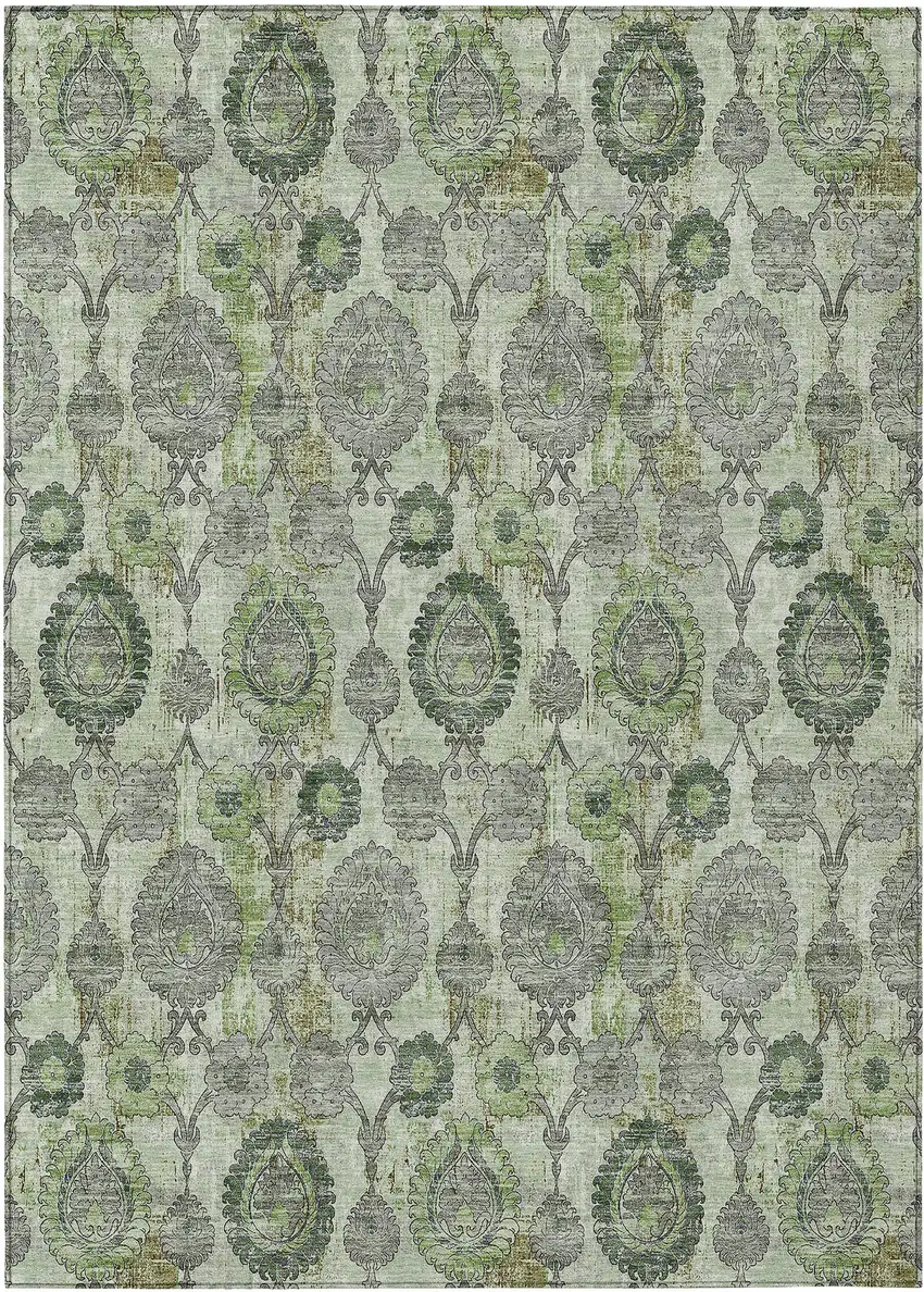 Artichoke Green And Fern Green Damask Washable Indoor Outdoor Area Rug Photo 2