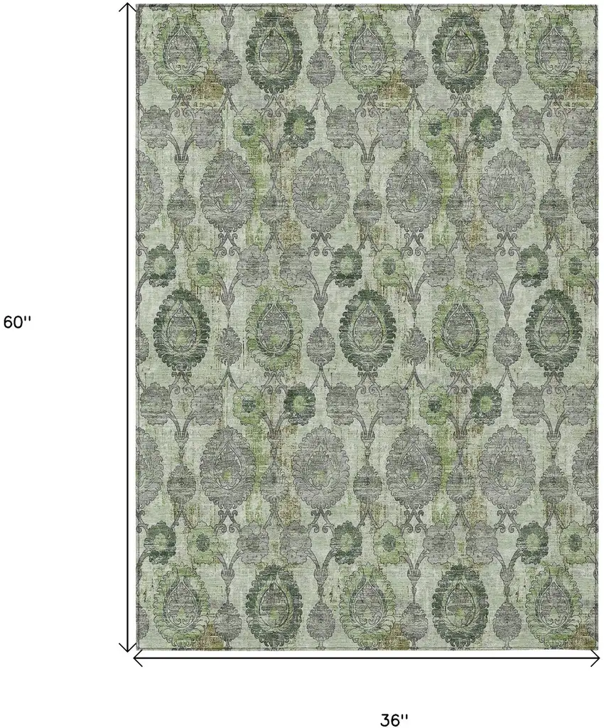 Artichoke Green And Fern Green Damask Washable Indoor Outdoor Area Rug Photo 3