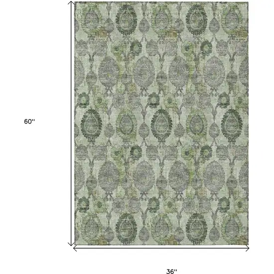 Artichoke Green And Fern Green Damask Washable Indoor Outdoor Area Rug Photo 3