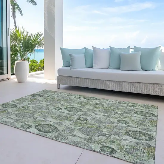 Artichoke Green And Fern Green Damask Washable Indoor Outdoor Area Rug Photo 7