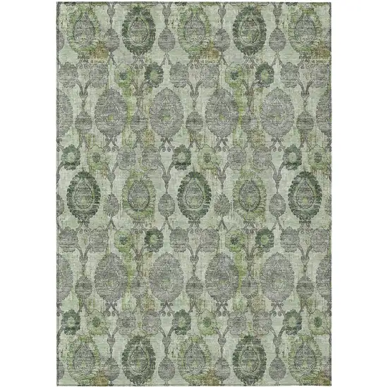 Artichoke Green And Fern Green Damask Washable Indoor Outdoor Area Rug Photo 2