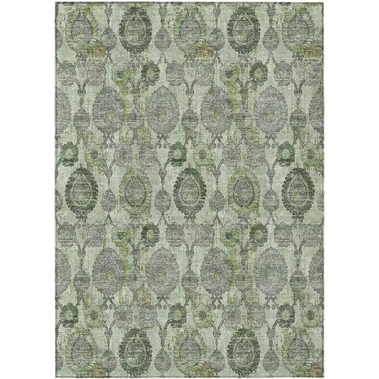Artichoke Green And Fern Green Damask Washable Indoor Outdoor Area Rug Photo 2