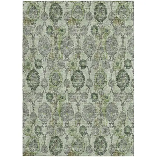 Artichoke Green And Fern Green Damask Washable Indoor Outdoor Area Rug Photo 6