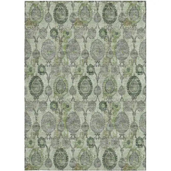 Artichoke Green And Fern Green Damask Washable Indoor Outdoor Area Rug Photo 6