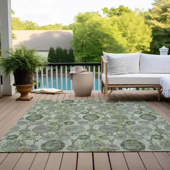Artichoke Green And Fern Green Damask Washable Indoor Outdoor Area Rug Photo 9