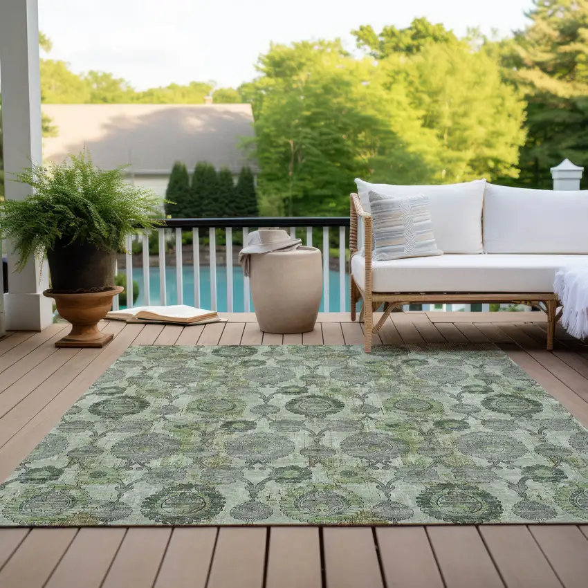 Artichoke Green And Fern Green Damask Washable Indoor Outdoor Area Rug Photo 9