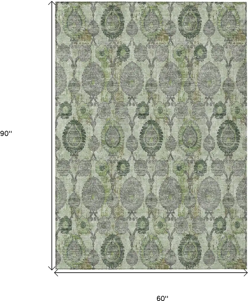 Artichoke Green And Fern Green Damask Washable Indoor Outdoor Area Rug Photo 3
