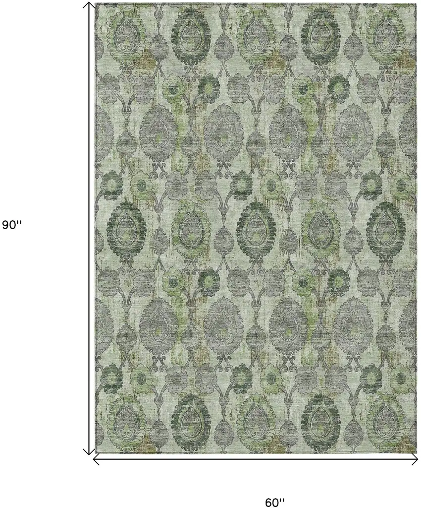 Artichoke Green And Fern Green Damask Washable Indoor Outdoor Area Rug Photo 3