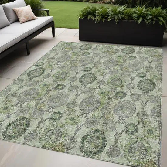 Artichoke Green And Fern Green Damask Washable Indoor Outdoor Area Rug Photo 1