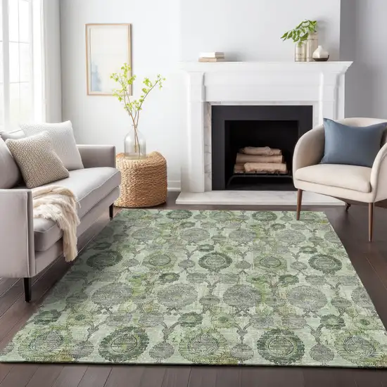 Artichoke Green And Fern Green Damask Washable Indoor Outdoor Area Rug Photo 8