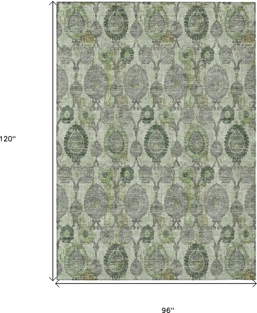 Artichoke Green And Fern Green Damask Washable Indoor Outdoor Area Rug Photo 3