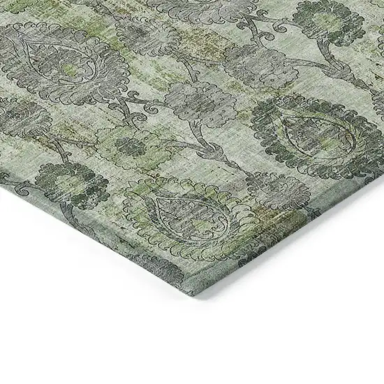 Artichoke Green And Fern Green Damask Washable Indoor Outdoor Area Rug Photo 5