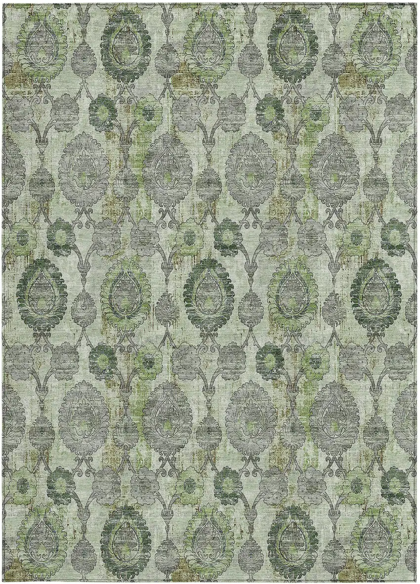 Artichoke Green And Fern Green Damask Washable Indoor Outdoor Area Rug Photo 6