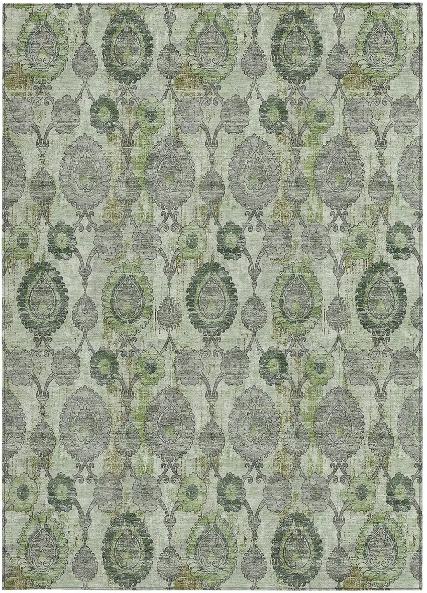 Artichoke Green And Fern Green Damask Washable Indoor Outdoor Area Rug Photo 6