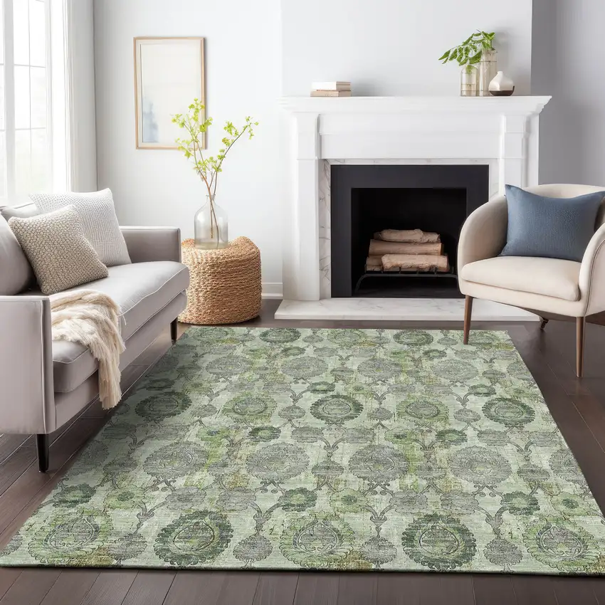 Artichoke Green And Fern Green Damask Washable Indoor Outdoor Area Rug Photo 8