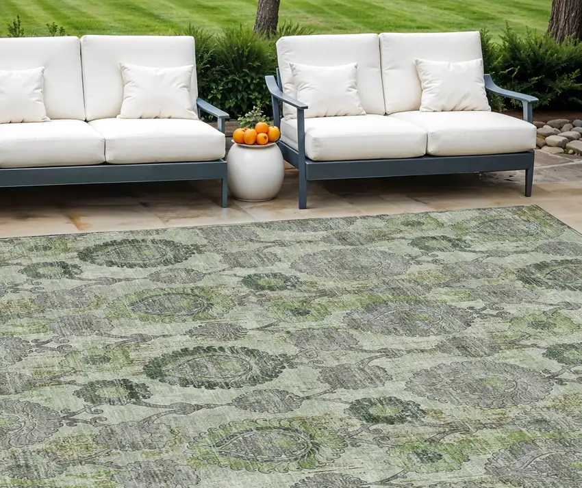 Artichoke Green And Fern Green Damask Washable Indoor Outdoor Area Rug Photo 1