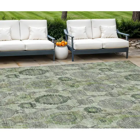 Artichoke Green And Fern Green Damask Washable Indoor Outdoor Area Rug Photo 1