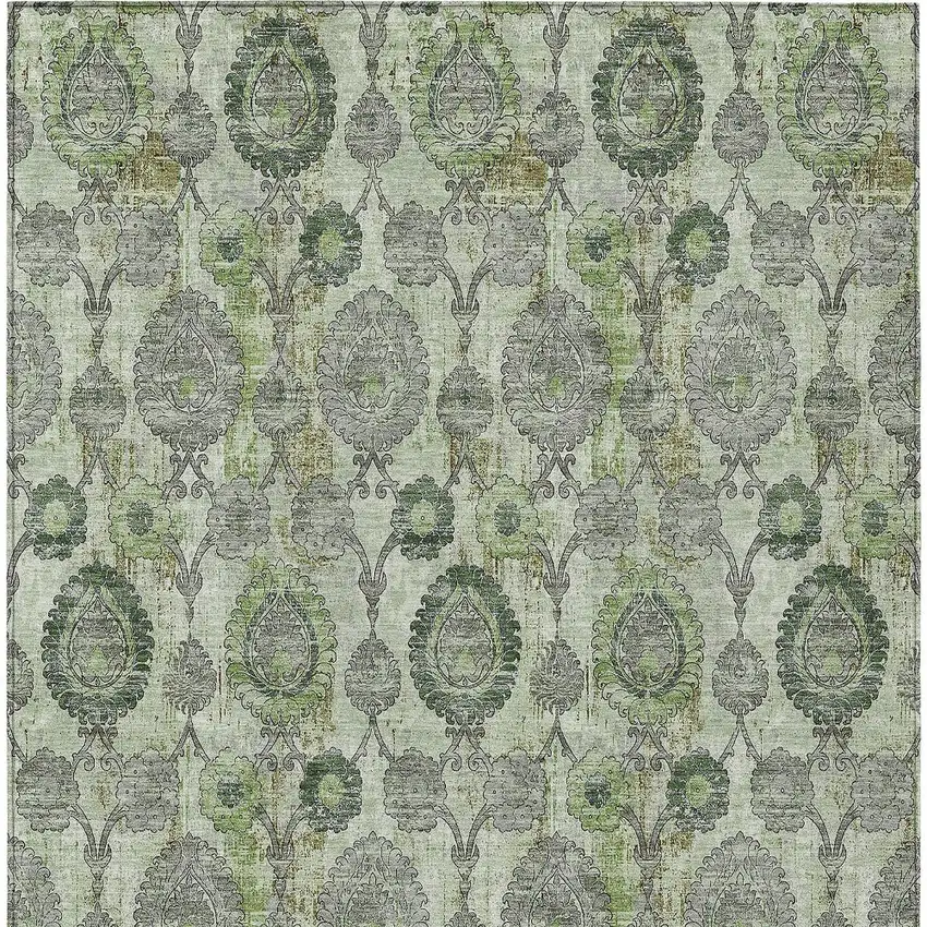 Artichoke Green And Fern Green Damask Washable Indoor Outdoor Area Rug Photo 6