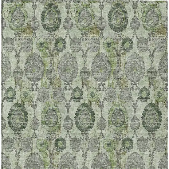 Artichoke Green And Fern Green Damask Washable Indoor Outdoor Area Rug Photo 6