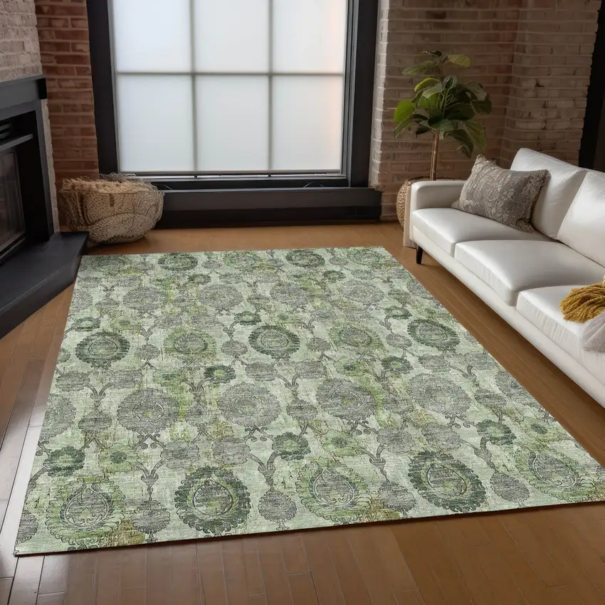 Artichoke Green And Fern Green Damask Washable Indoor Outdoor Area Rug Photo 9