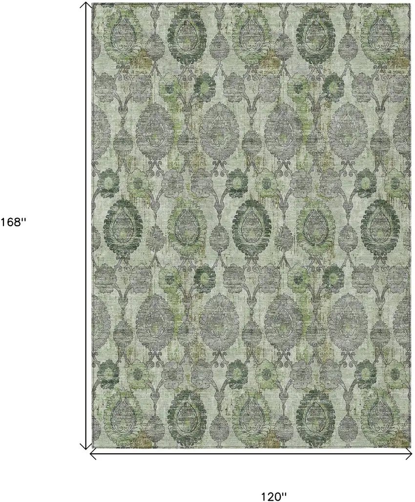 Artichoke Green And Fern Green Damask Washable Indoor Outdoor Area Rug Photo 3