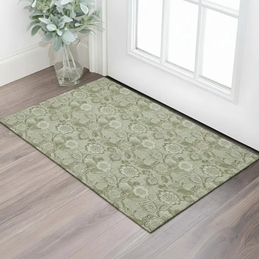 Artichoke Green And Fern Green Floral Washable Area Rug With UV Protection Photo 2