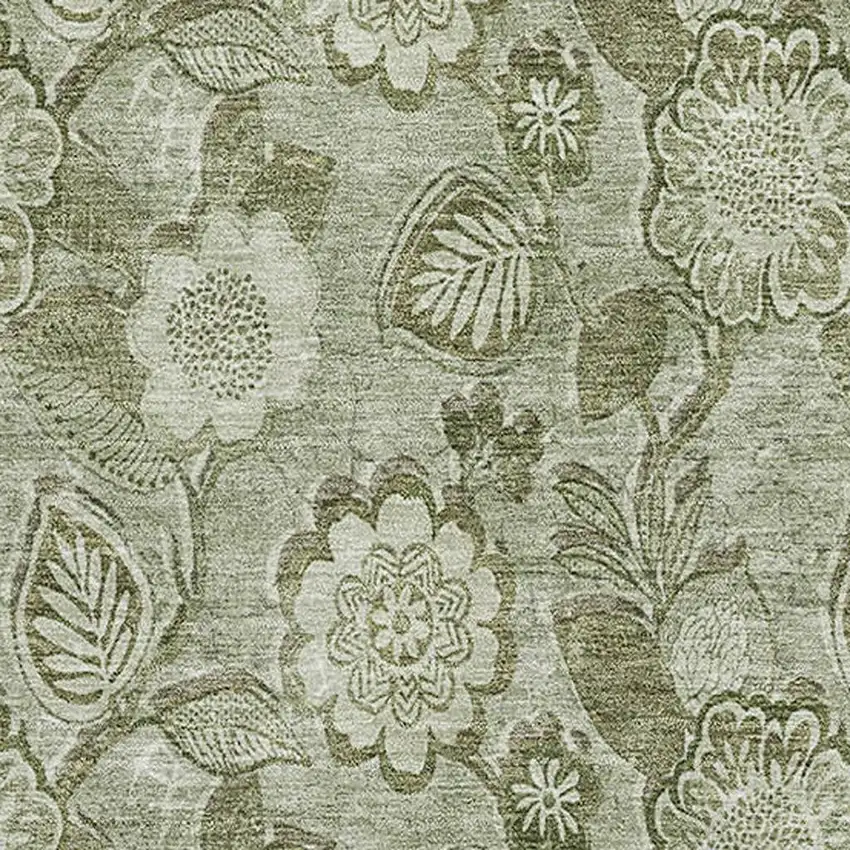 Artichoke Green And Fern Green Floral Washable Area Rug With UV Protection Photo 3