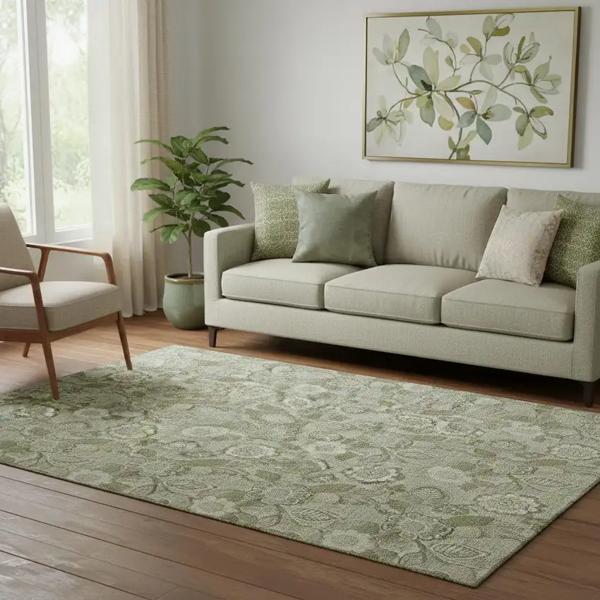 Artichoke Green And Fern Green Floral Washable Area Rug With UV Protection Photo 2