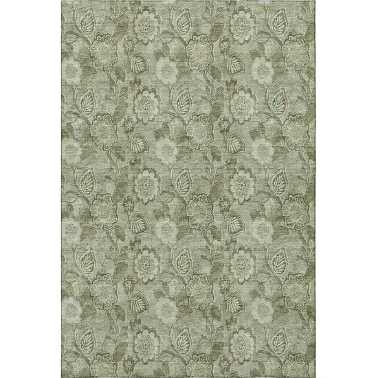 Artichoke Green And Fern Green Floral Washable Area Rug With UV Protection Photo 4