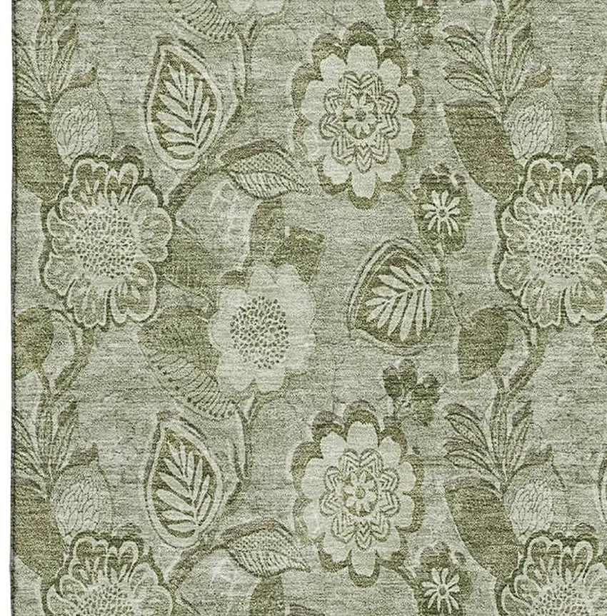 Artichoke Green And Fern Green Floral Washable Area Rug With UV Protection Photo 4