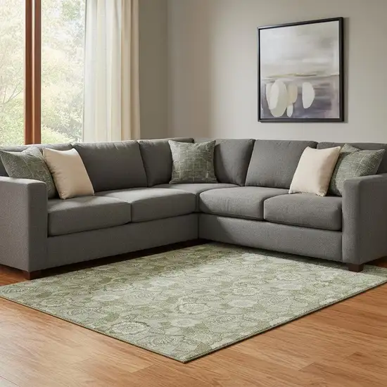 Artichoke Green And Fern Green Floral Washable Area Rug With UV Protection Photo 2