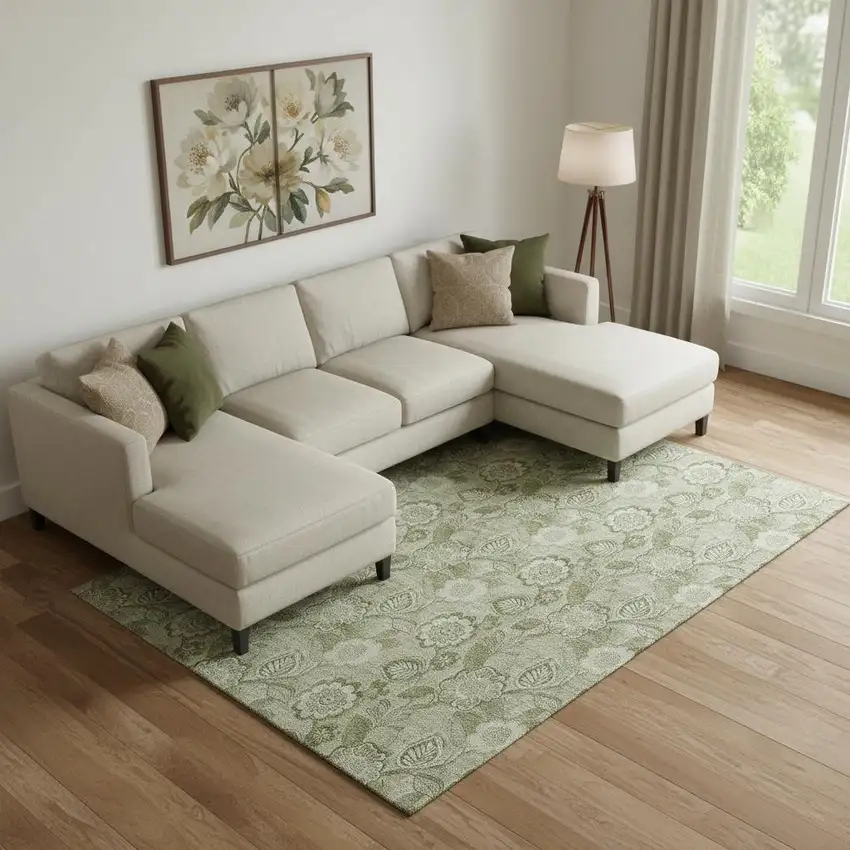 Artichoke Green And Fern Green Floral Washable Area Rug With UV Protection Photo 2