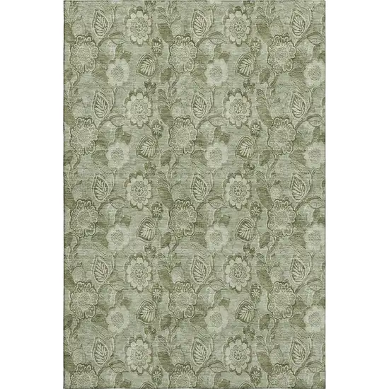 Artichoke Green And Fern Green Floral Washable Area Rug With UV Protection Photo 1