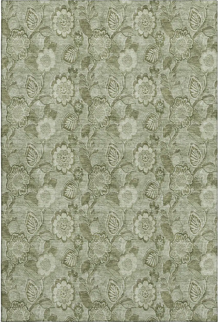 Artichoke Green And Fern Green Floral Washable Area Rug With UV Protection Photo 1