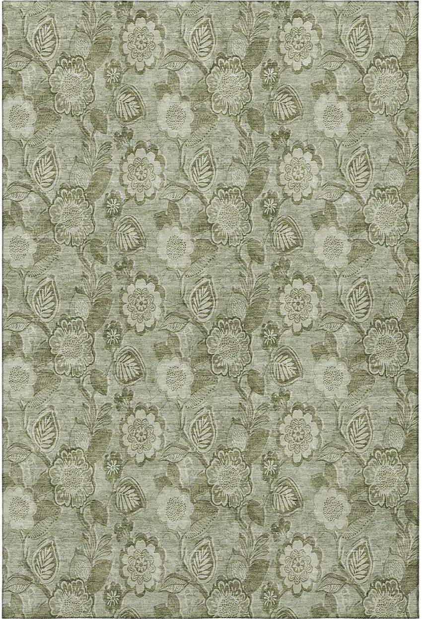 Artichoke Green And Fern Green Floral Washable Area Rug With UV Protection Photo 3