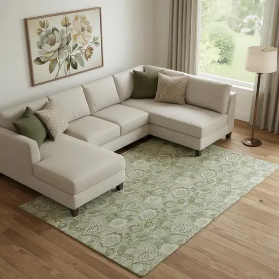 Artichoke Green And Fern Green Floral Washable Area Rug With UV Protection Photo 2