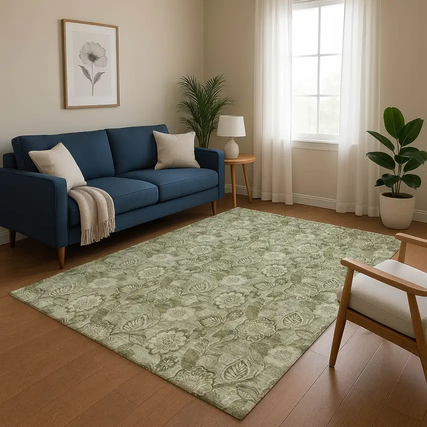 Artichoke Green And Fern Green Floral Washable Area Rug With UV Protection Photo 5