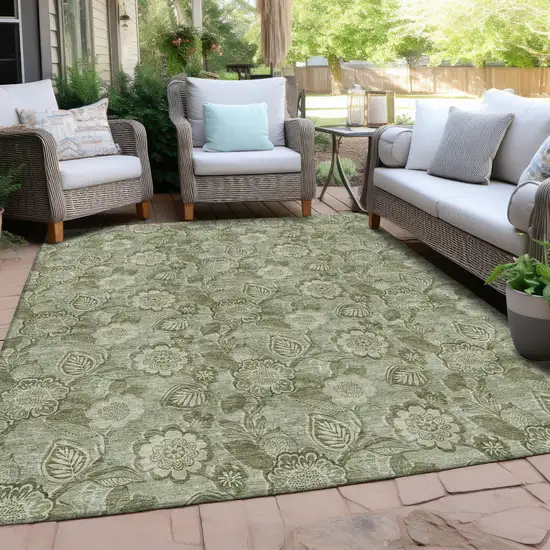 Artichoke Green And Fern Green Floral Washable Indoor Outdoor Area Rug Photo 5