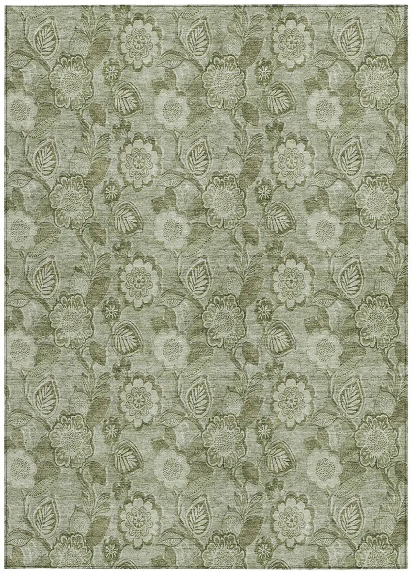 Artichoke Green And Fern Green Floral Washable Indoor Outdoor Area Rug Photo 3