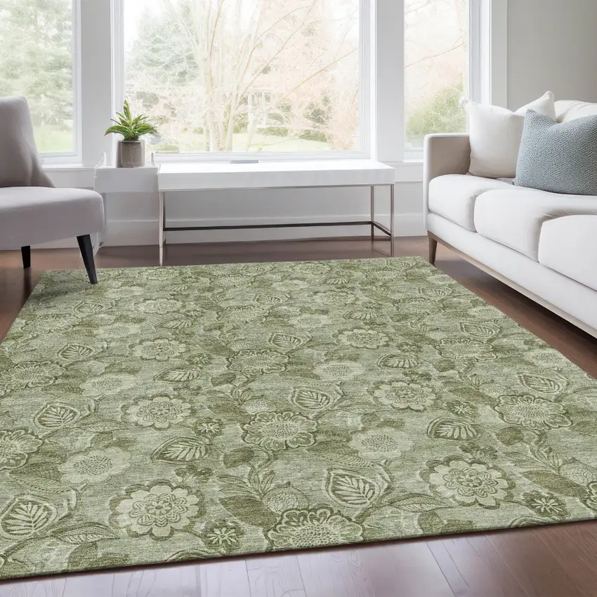 Artichoke Green And Fern Green Floral Washable Indoor Outdoor Area Rug Photo 7