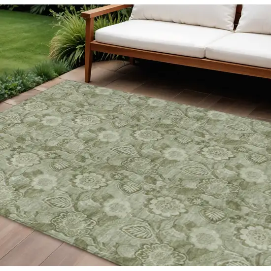 Artichoke Green And Fern Green Floral Washable Indoor Outdoor Area Rug Photo 2