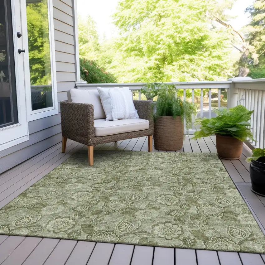 Artichoke Green And Fern Green Floral Washable Indoor Outdoor Area Rug Photo 8