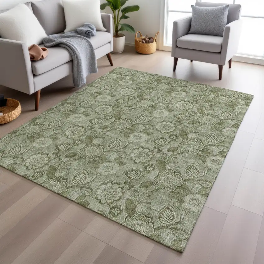 Artichoke Green And Fern Green Floral Washable Indoor Outdoor Area Rug Photo 6