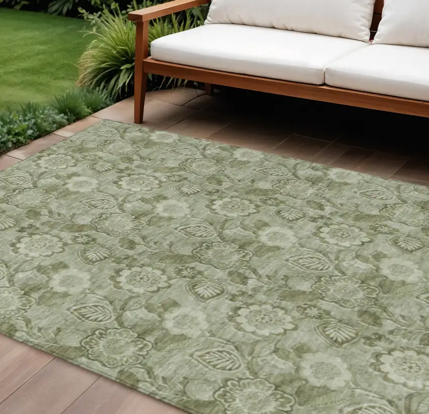 Artichoke Green And Fern Green Floral Washable Indoor Outdoor Area Rug Photo 2
