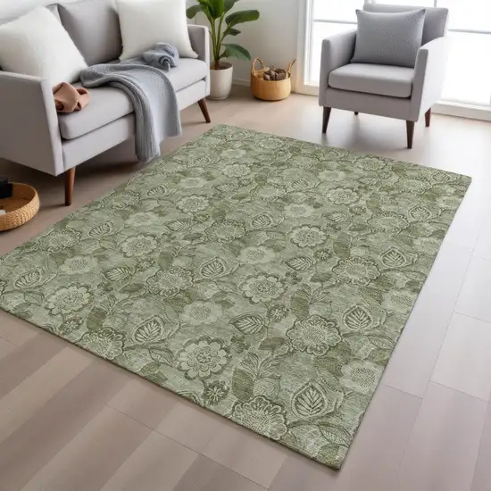 Artichoke Green And Fern Green Floral Washable Indoor Outdoor Area Rug Photo 6