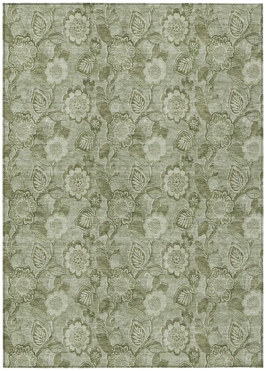 Artichoke Green And Fern Green Floral Washable Indoor Outdoor Area Rug Photo 1